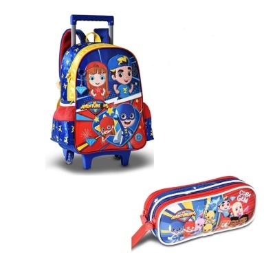 Mochila escolar com personagens e estojo vermelho e azul