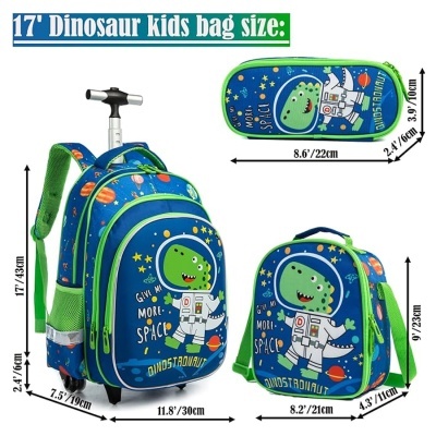 Conjunto de mochila, saco de almoço e estojo infantil azul com dinossauro astronauta