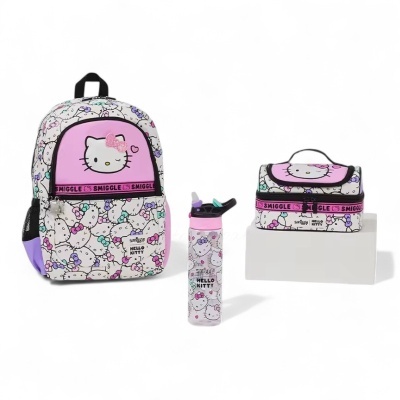Mochila, garrafa e saco de mão Hello Kitty com padrão multicolor e rosa