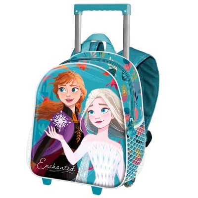 Mochila de rodinhas azul com personagens femininas desenhadas e bolso lateral em rede