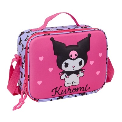 Bolsa/estojo rosa e lilás com personagem Kuromi e corações