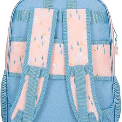 mochila azul e rosa com padrão de losangos e estrelas, alças almofadadas