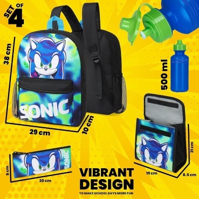 Conjunto escolar com mochila, estojo, bolsa para almoço e garrafa com design do Sonic