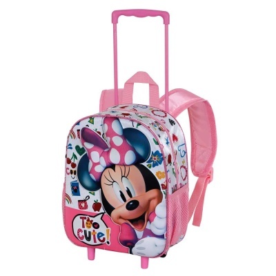 Mala infantil de viagem rosa com estampa da Minnie Mouse e texto 'Too Cute!'