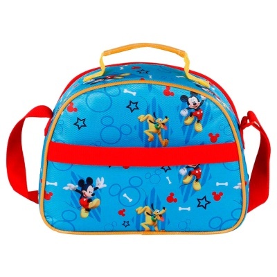 Bolsa infantil azul com personagens Mickey Mouse, Pluto e Pato Donald estampados.