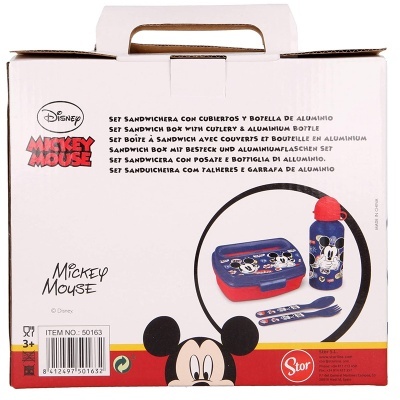 Conjunto para sanduíches Mickey Mouse com garrafa, talheres e lancheira azul