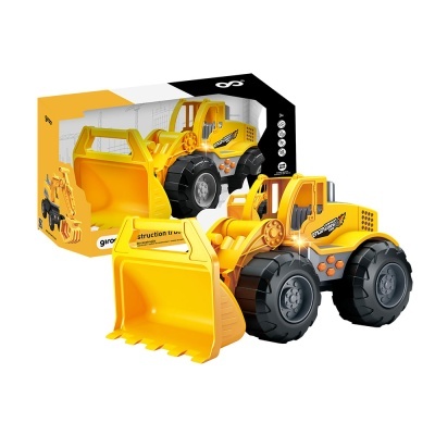 Brinquedo de pá carregadora amarelo e preto com embalagem