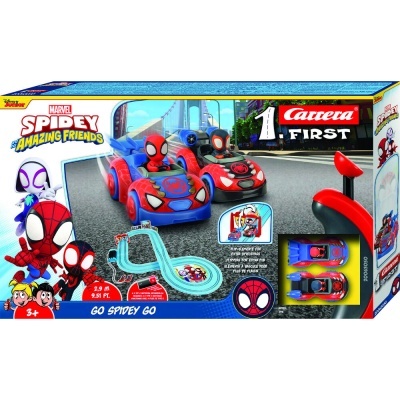 Jogo de carros Carrera temática Spider-Man com pista azul e carros vermelhos e azuis.