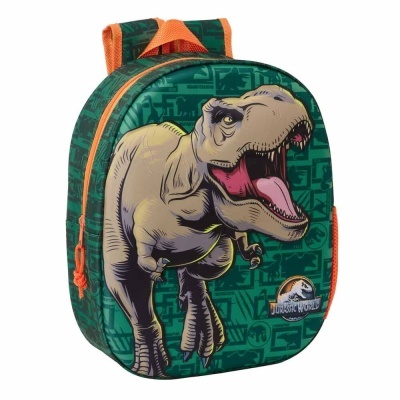 Mochila infantil verde e laranja com dinossauro T-Rex e logo Jurassic World