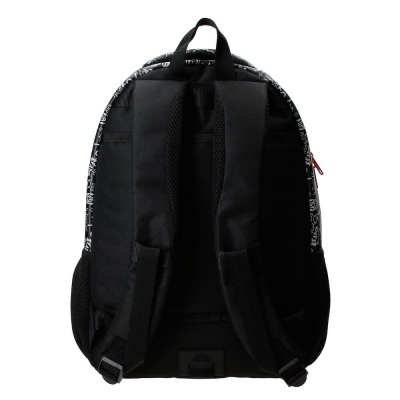 Mochila preta vista de trás com alças acolchoadas e padrão branco nas bordas