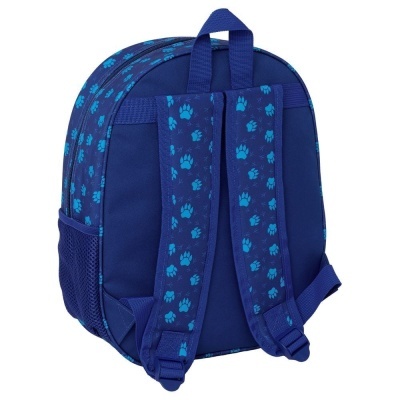 Mochila azul escura com padrão de patas azuis claras