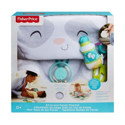 Tapete de atividades para bebé Fisher-Price com design de panda e brinquedo colorido na embalagem