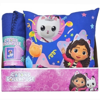 Conjunto Gabby's Dollhouse com almofada e cobertor azul em embalagem rosa