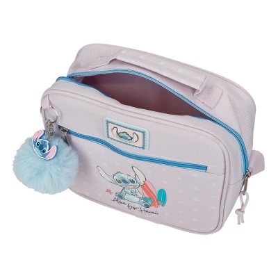Mala de mão cor-de-rosa claro com chaveiro Stitch azul.