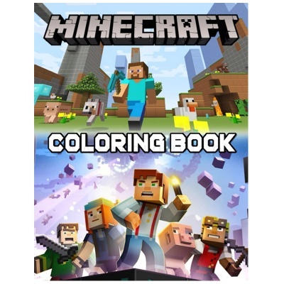 Capa do livro de colorir Minecraft com personagens pixelados e texto em branco e preto