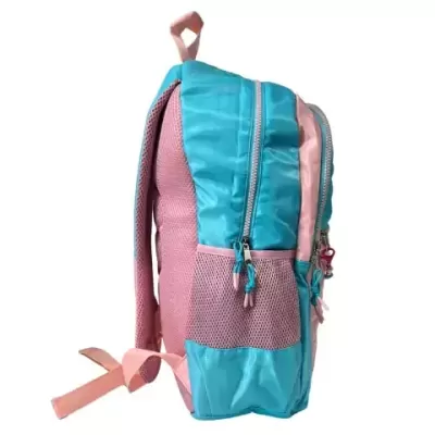 mochila azul turquesa e rosa com bolsos e alças ajustáveis