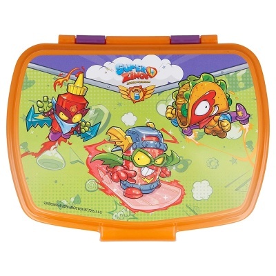 Estojo plástico laranja com personagens cartoon coloridos e texto SUPER ZINGS.