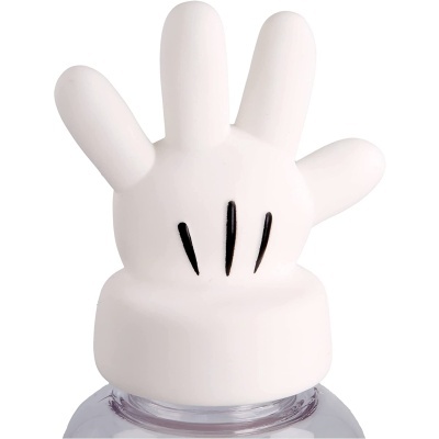 Tampa de garrafa branca em forma de mão com cinco dedos e riscas pretas