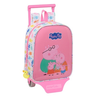 Mala de criança cor-de-rosa com carrinho e imagem da família Peppa Pig