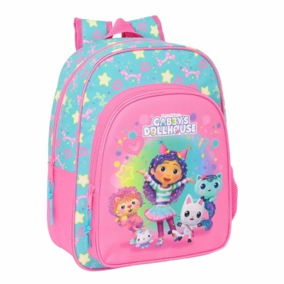 mochila infantil rosa e azul com personagens animados e texto Gabby's Dollhouse