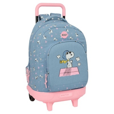 Mochila de rodinhas azul claro com padrão Snoopy e detalhes rosa