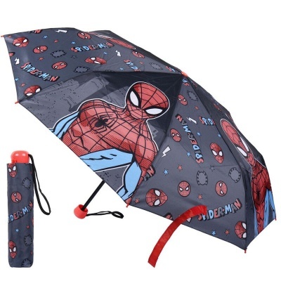 Guarda-chuva Homem-Aranha cinzento com padrões e capa protetora.