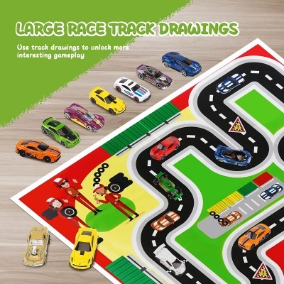 Jogo de pista de corrida com carros de brinquedo coloridos e texto explicativo