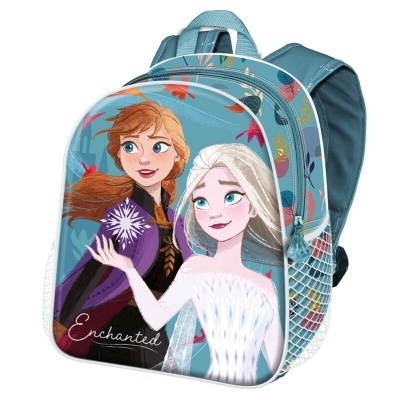 Mochila azul com imagem das personagens Anna e Elsa e texto Enchanted