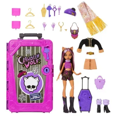 Boneca Monster High Clawdeen Wolf com acessórios variados e mala de brinquedo.