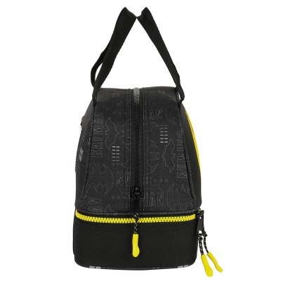 Mala preta e amarela com fechos e alças, padrão Batman, vista lateral