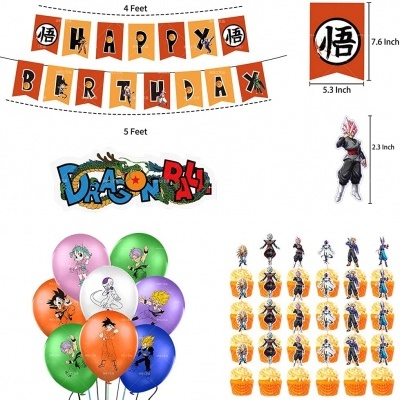 Conjunto de decoração de festa Dragon Ball com bandeirolas, faixa, balões coloridos e cupcakes com bonecos.