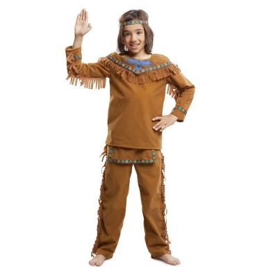 Fato infantil castanho com franjas e faixa de cabeça com padrão azul