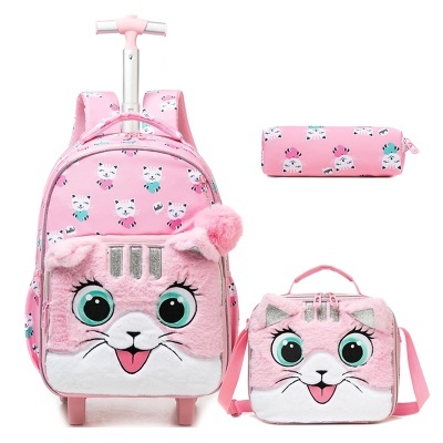 Mochila trolley, lancheira e estojo cor-de-rosa com padrão e rosto de gato felpudo