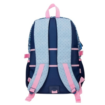 Mochila azul escura e clara com alças cor-de-rosa vista de costas