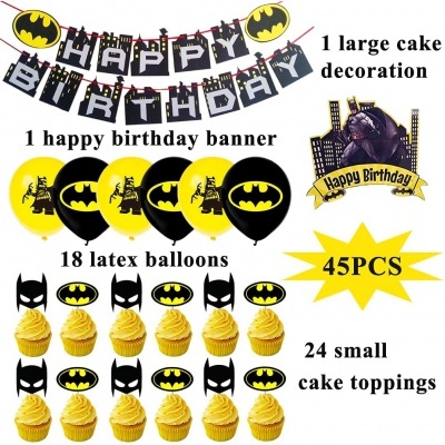 Conjunto de decoração de festa Batman com banner Happy Birthday, balões pretos e amarelos, decoração grande para bolo e 24 toppers pequenos para bolos