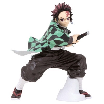 Figura de ação do personagem Tanjiro Kamado com casaco xadrez verde e preto e espada