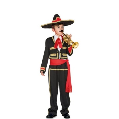 Criança vestida com fato de mariachi a tocar trombeta