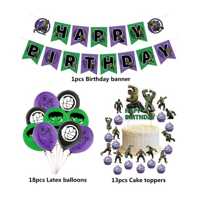 Conjunto de decoração de aniversário com faixa, balões e toppers para bolo tema herói