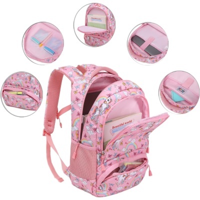 Mochila rosa com unicórnios e várias divisões organizadas