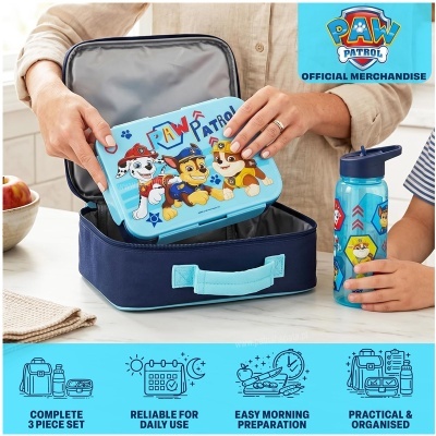 Conjunto de lancheira, caixa de lanche e garrafa azul com personagens da Paw Patrol