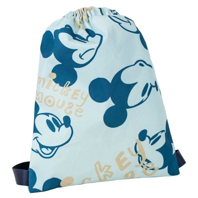 Saco de pano azul claro estampado com rostos de Mickey Mouse em azul escuro e texto 'MICKEY MOUSE'