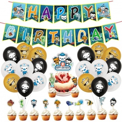 Conjunto de decoração de aniversário com bandeirolas, balões e cupcakes com toppers temáticos marinhos