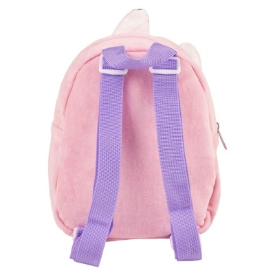 Mochila pequena rosa com alças lilás e textura suave