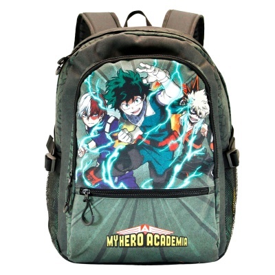 Mochila verde escuro com estampa de personagens de My Hero Academia em tecido e bolso frontal com fecho.