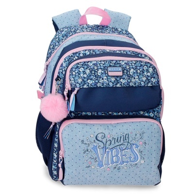 Mochila azul e rosa com padrão floral, pompom rosa e texto Spring Vibes