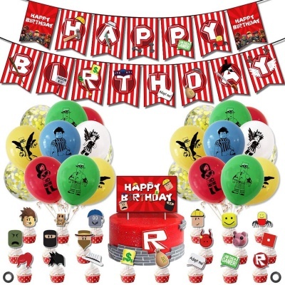 Conjunto colorido para festa de aniversário com balões, bandeirolas Happy Birthday e miniaturas decorativas