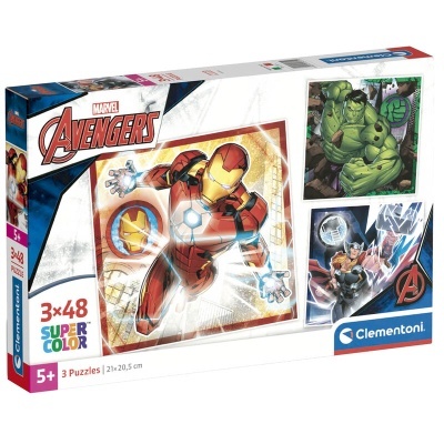 Caixa de puzzles Marvel Avengers com imagens de Homem de Ferro, Hulk e Thor, 3x48 peças, cores vibrantes.