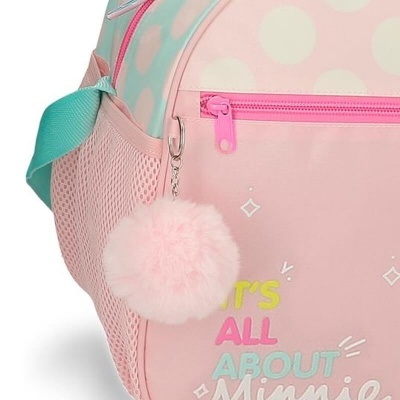 Mochila infantil rosa e azul com pompom e texto colorido