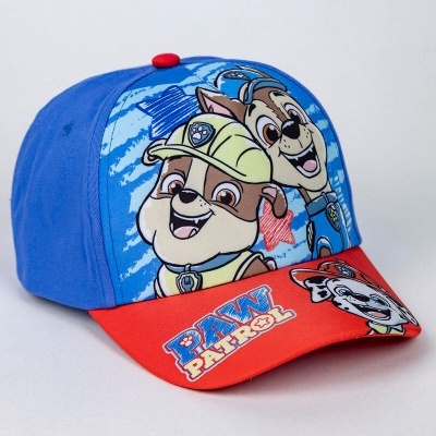 Boné infantil azul e vermelho com Paw Patrol e texto PAW PATROL