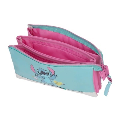 Estojo escolar azul claro e rosa com imagem da personagem Stitch e várias divisórias